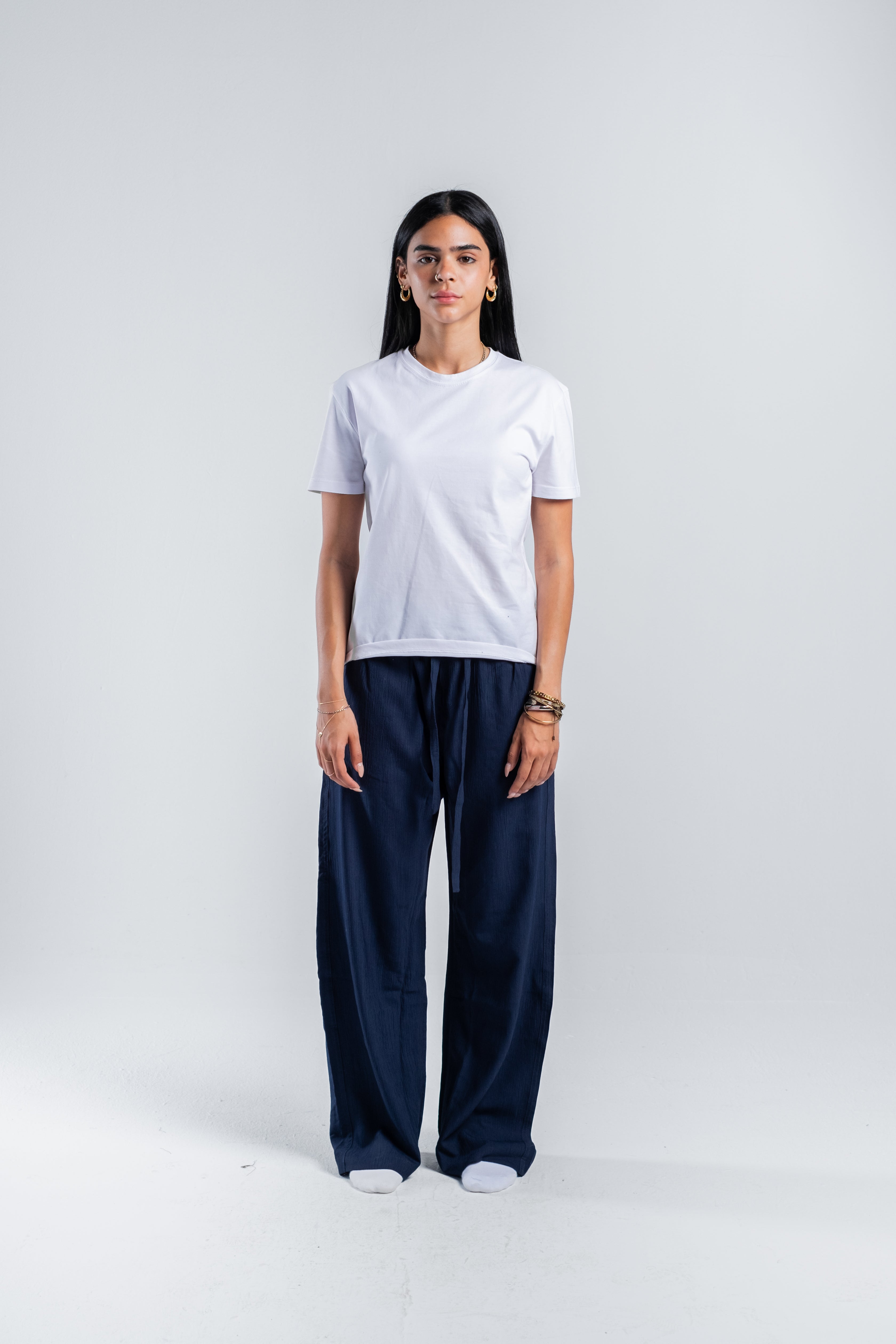 Women Crinkle Trousers in Navy Blue