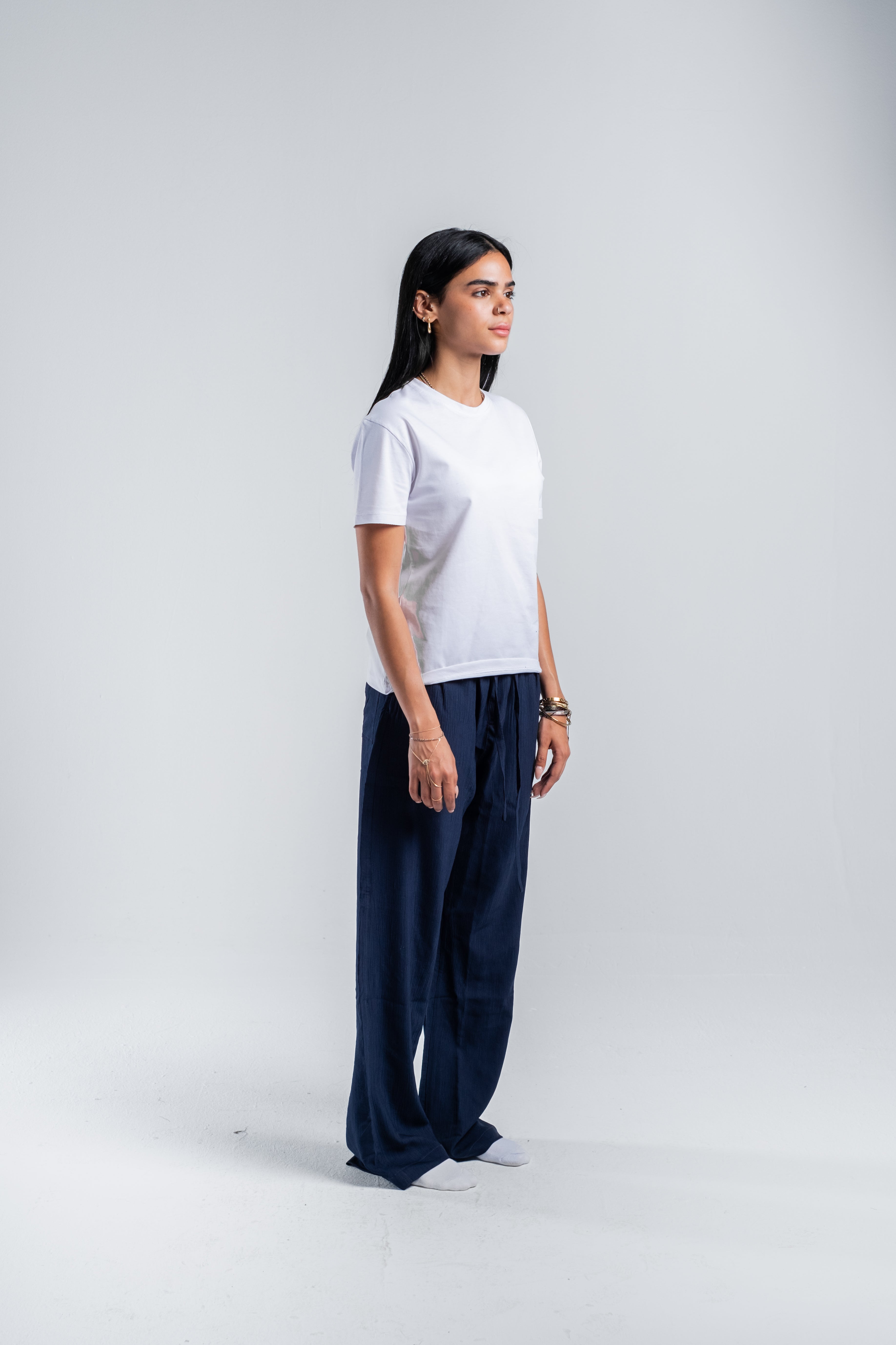 Women Crinkle Trousers in Navy Blue