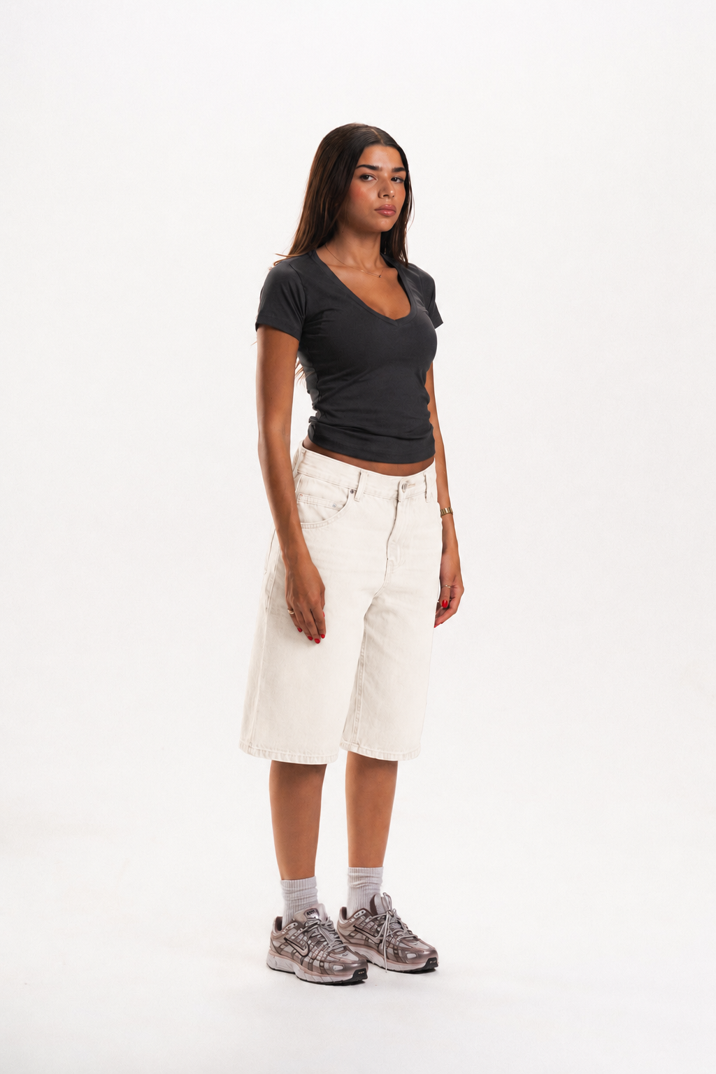 Low Waist Denim Jorts in Off-White