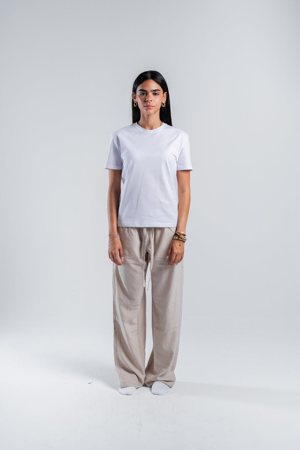 Women Crinkle Trousers in Beige