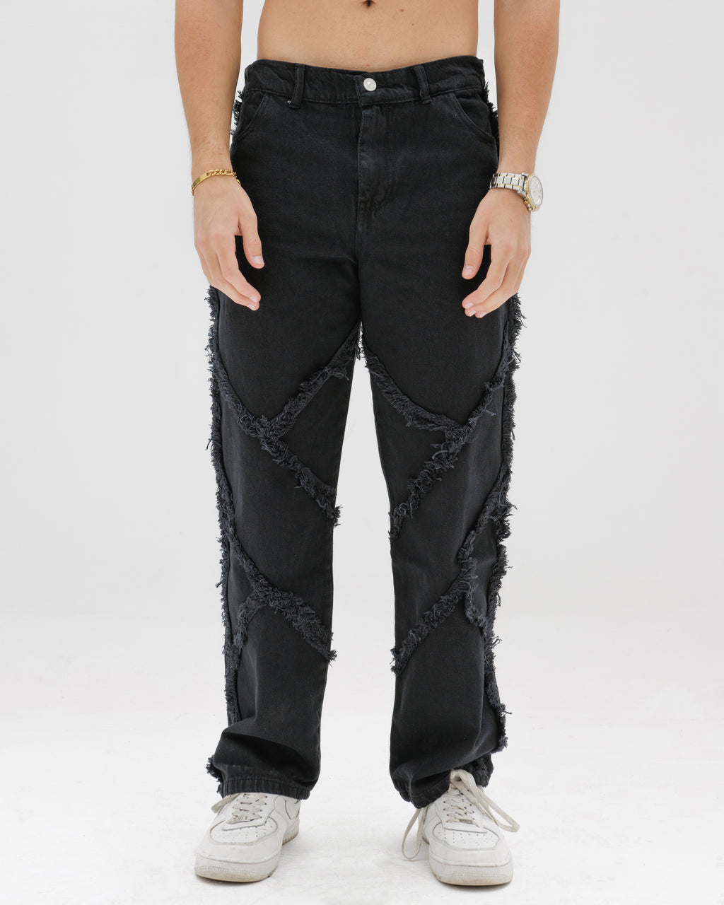 Men Ruffled Black Denim