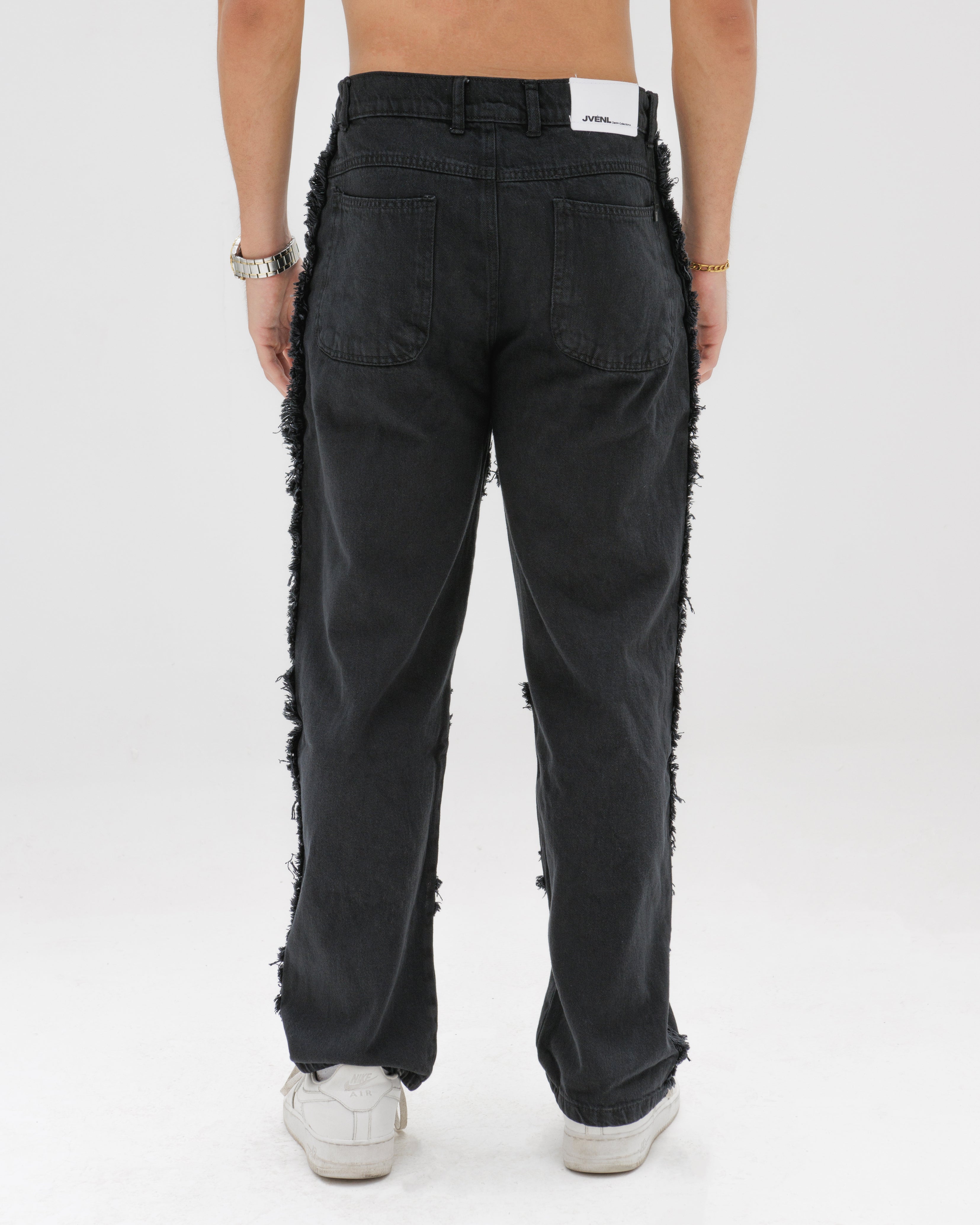 Men Ruffled Black Denim