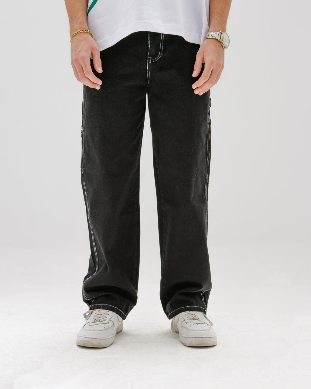 Men Black Stitched Carpenter Jeans