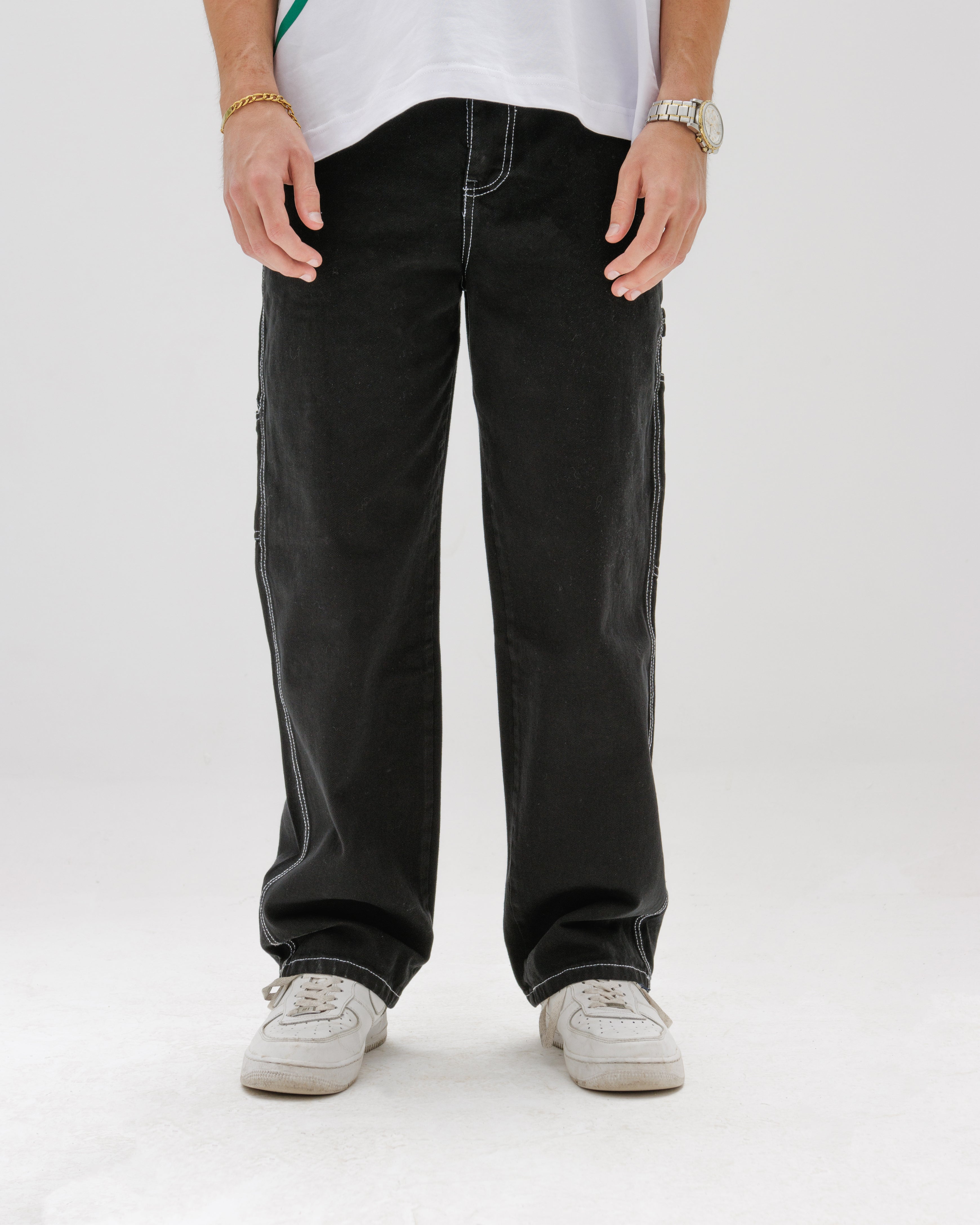 Men Black Stitched Carpenter Jeans