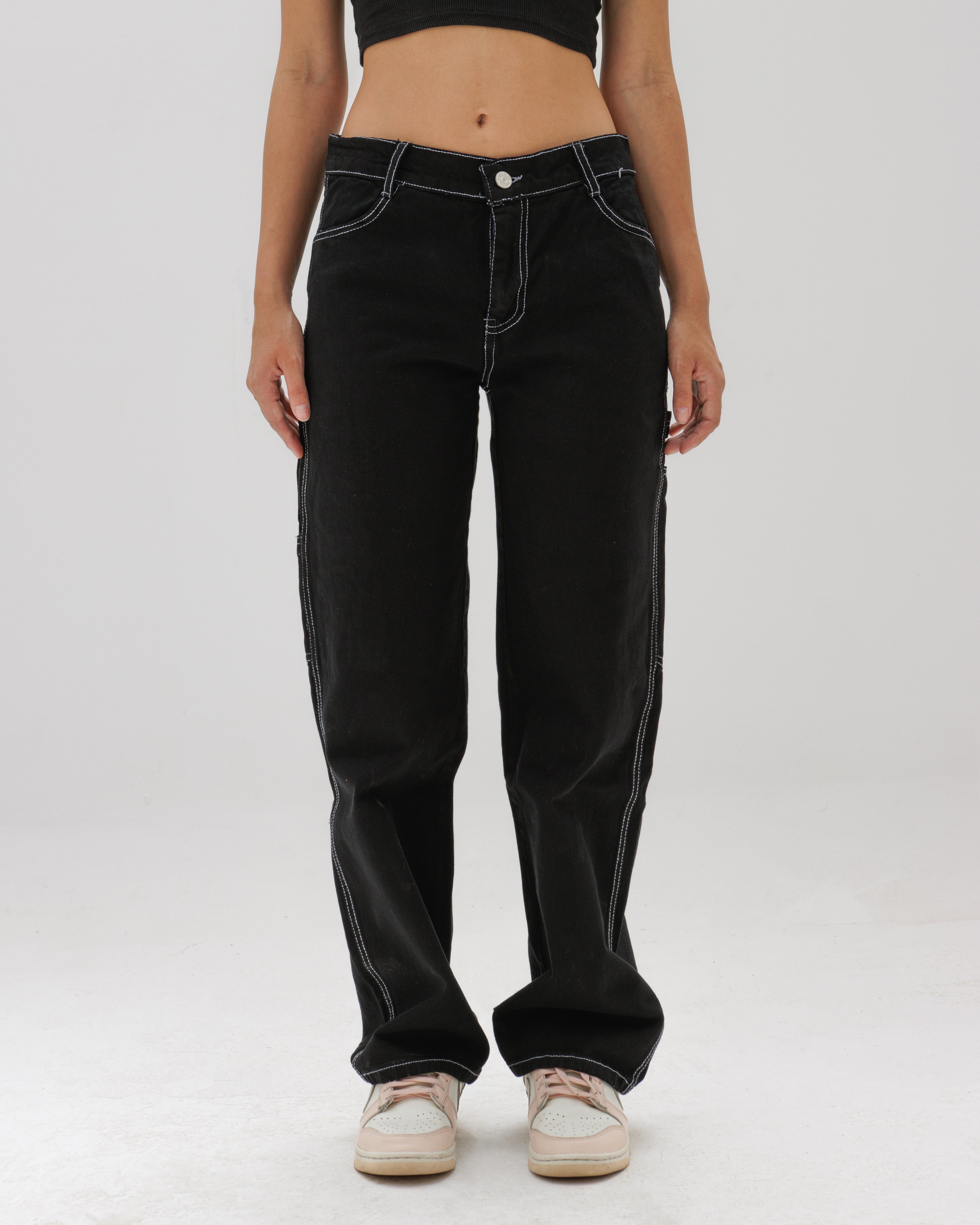 Women Black Stitched Carpenter Jeans
