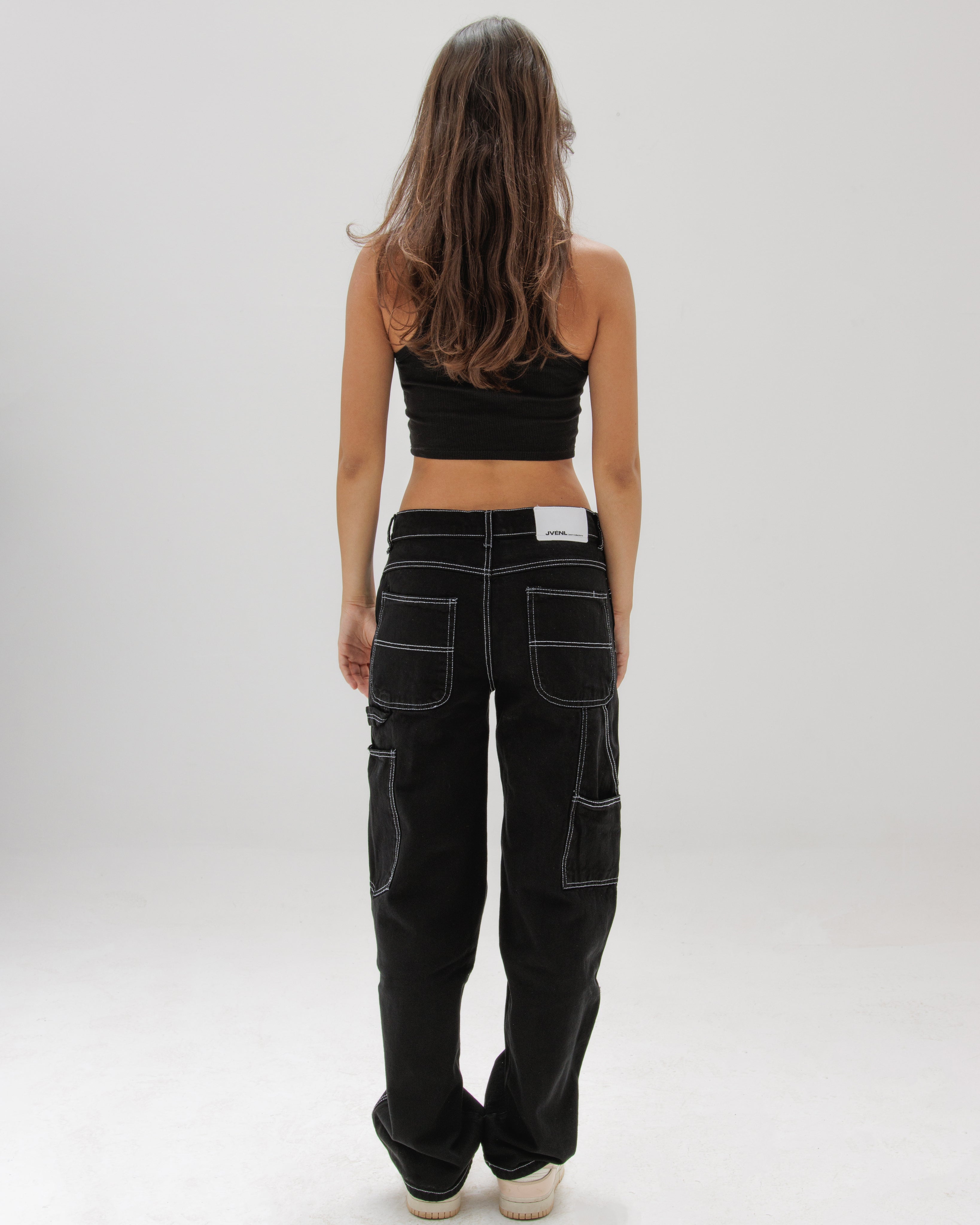 Women Black Stitched Carpenter Jeans