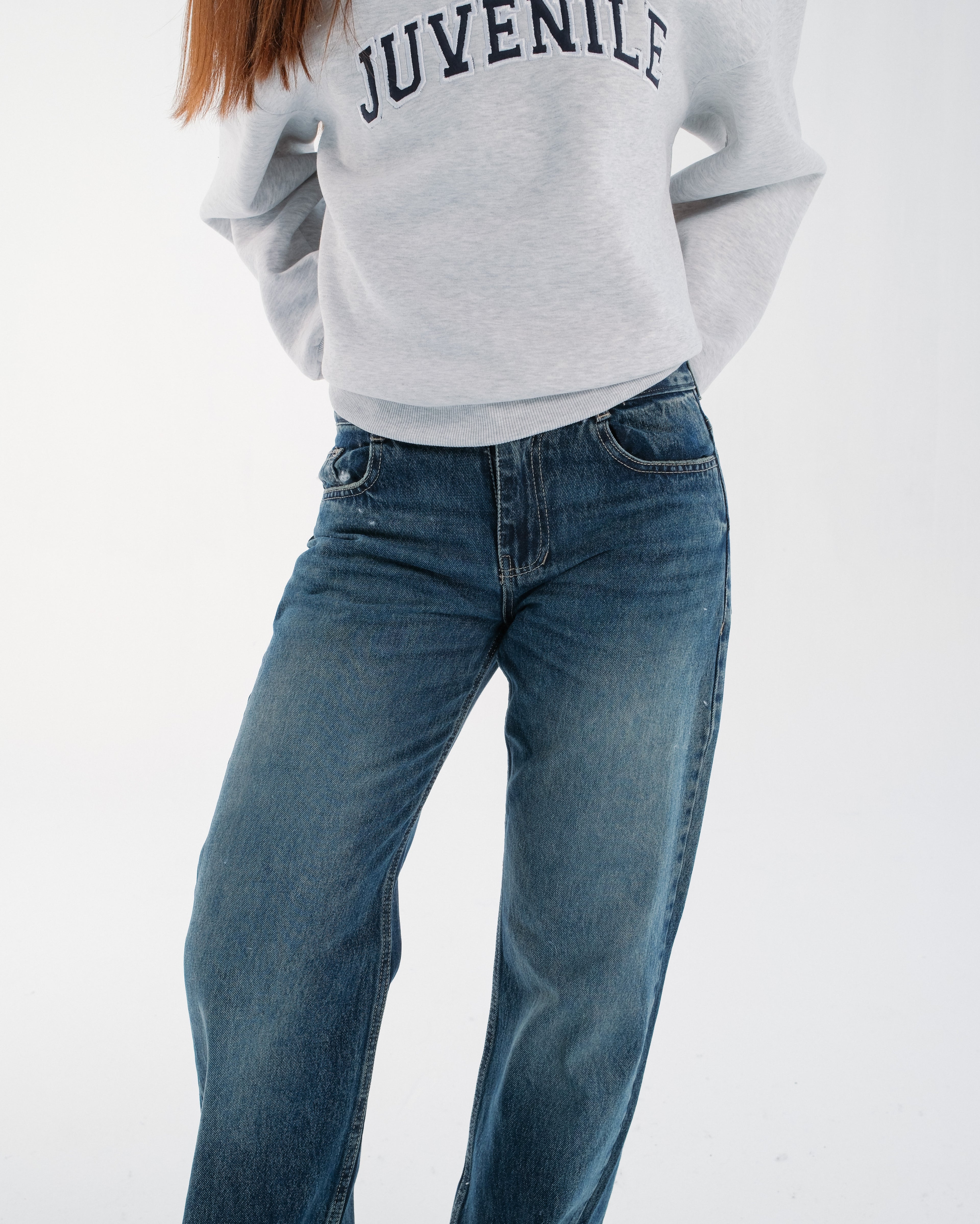 Faded Dark Blue Mid-Rise Straight Denim