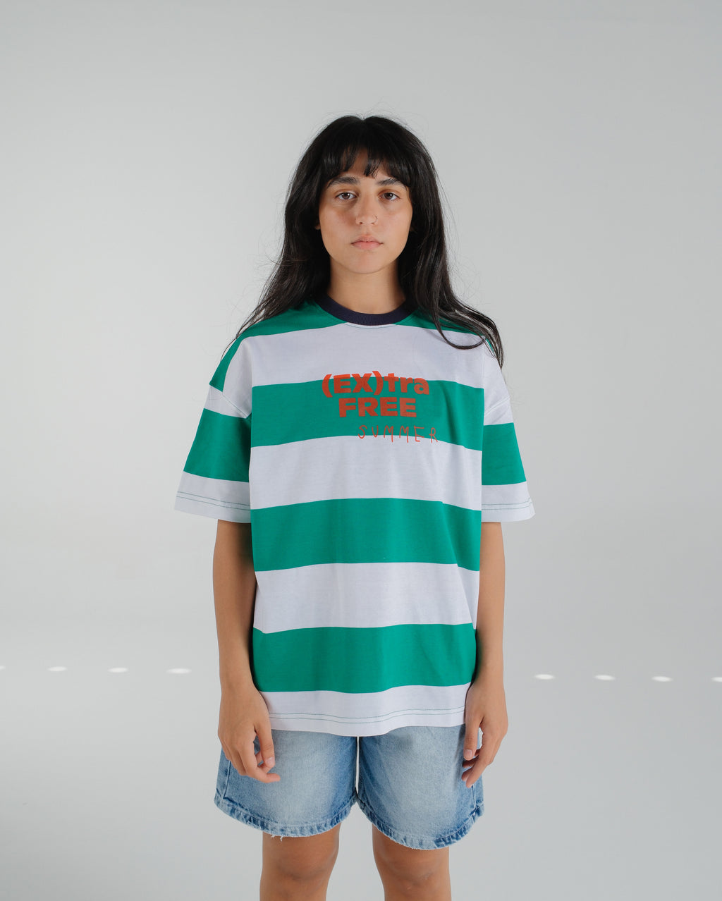 "(EX)tra Free Summer" Striped Green Graphic T-shirt