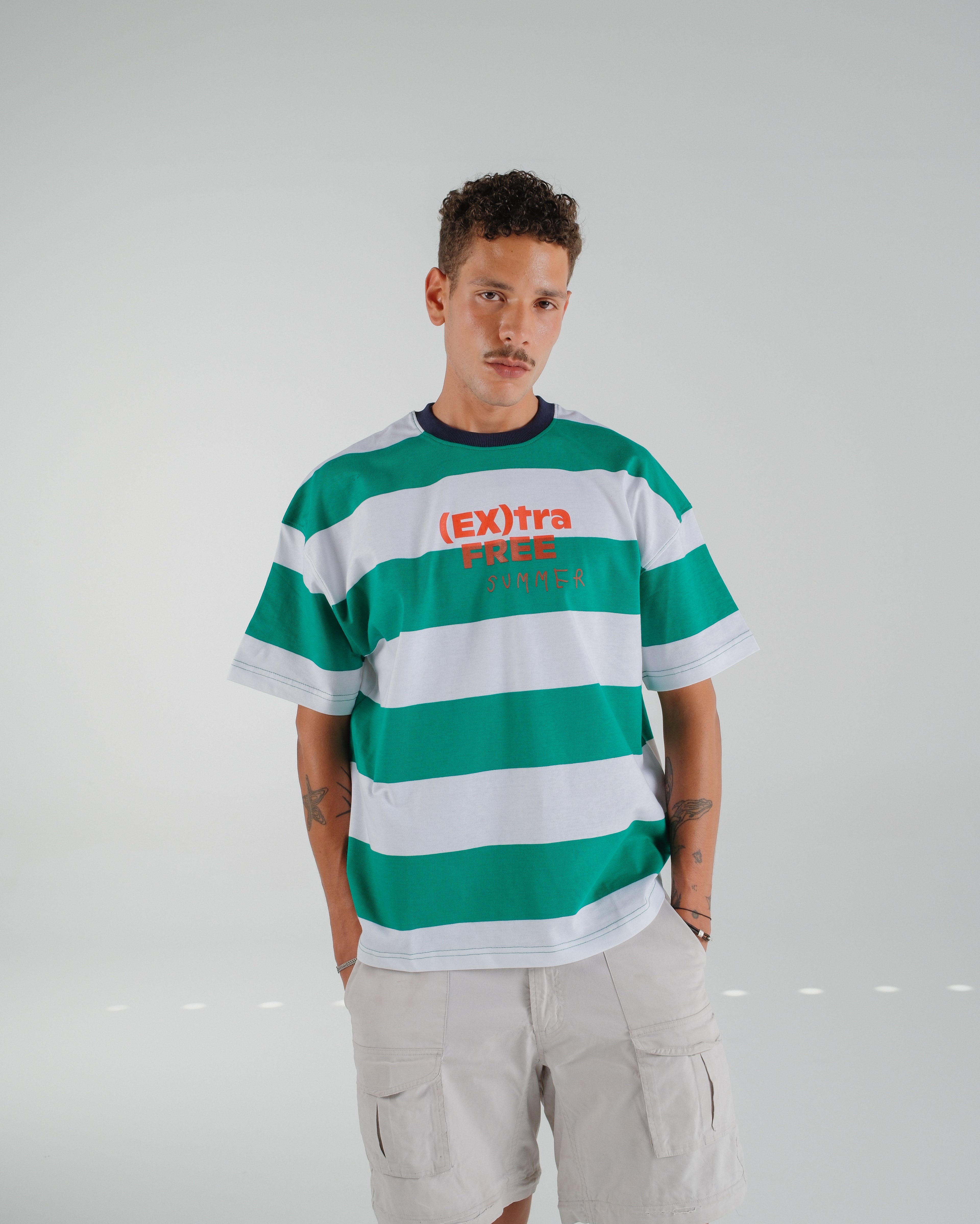 "(EX)tra Free Summer" Striped Green Graphic T-shirt
