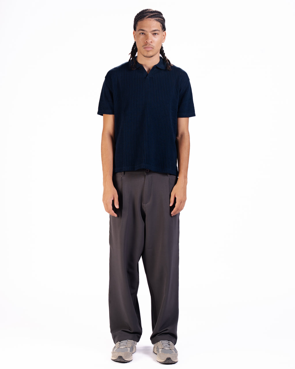 The Vertical Textured Knit Polo in Midnight Blue