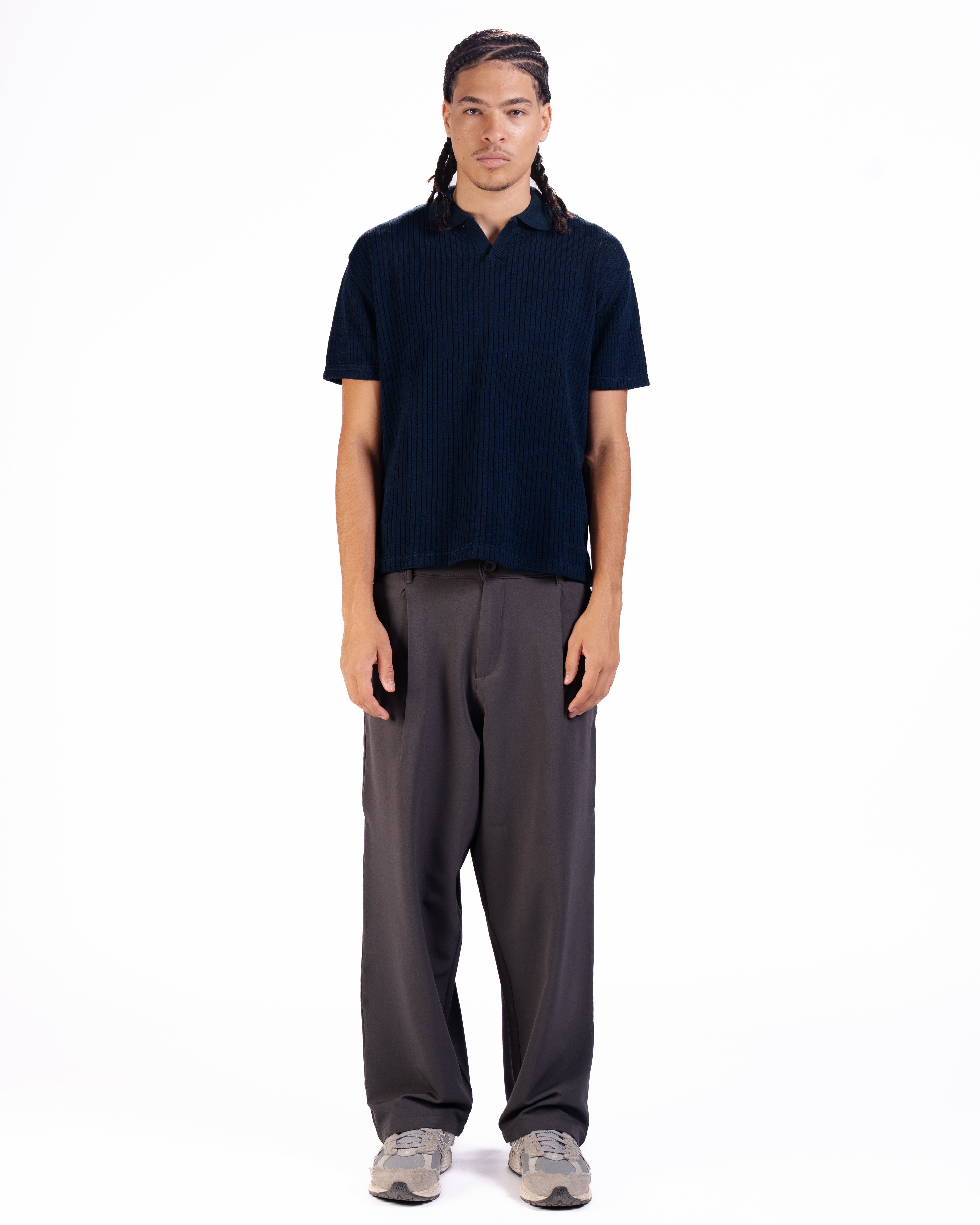 The Vertical Textured Knit Polo in Midnight Blue