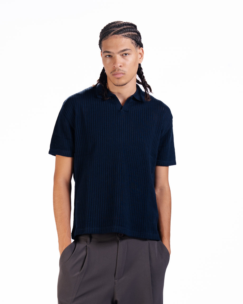 The Vertical Textured Knit Polo in Midnight Blue