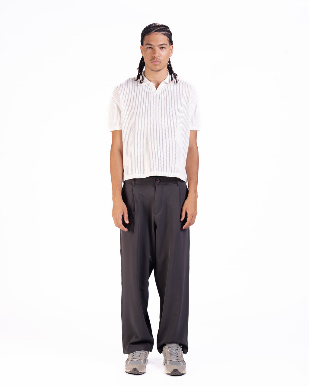 The Vertical Textured Knit Polo in Off-White