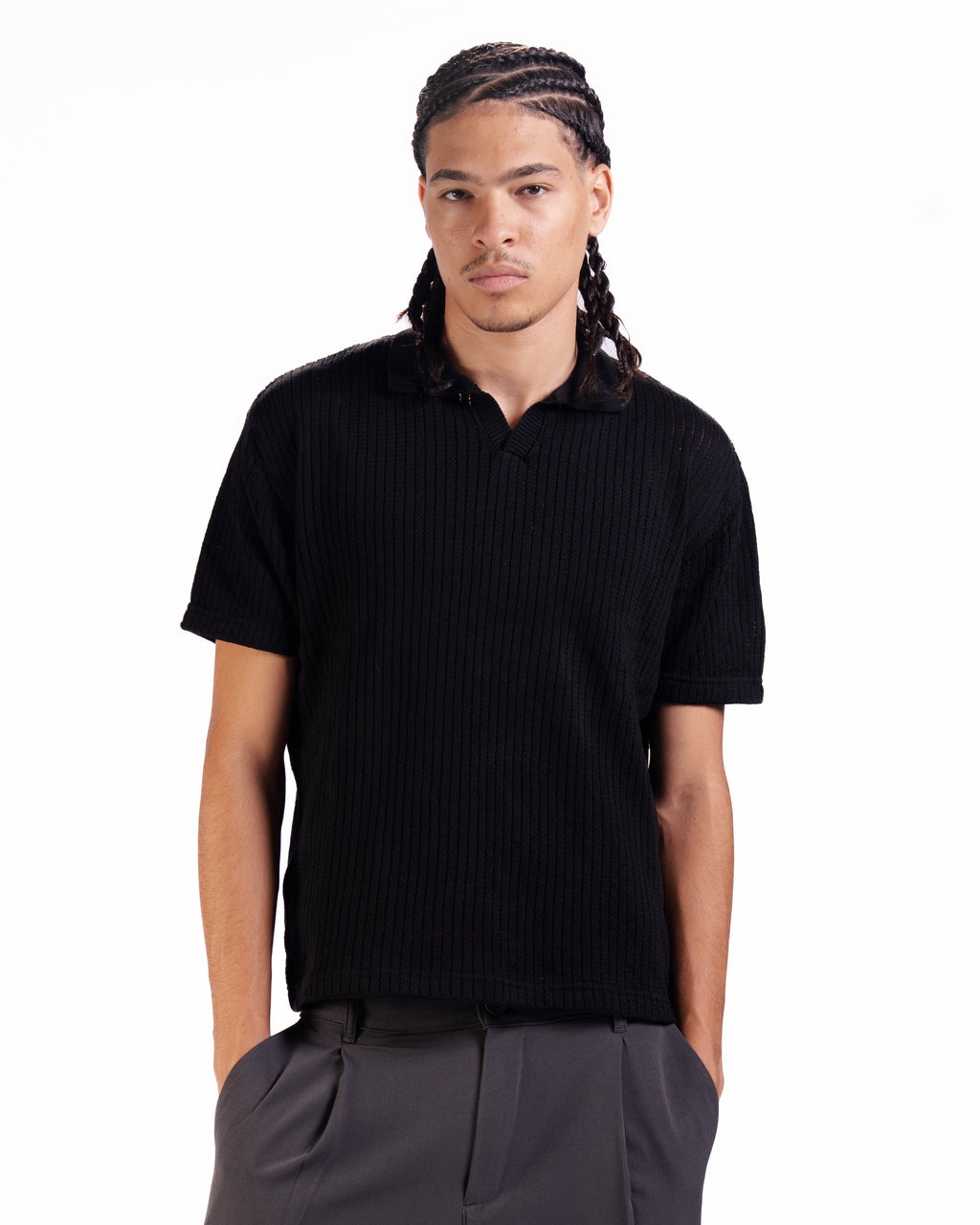 The Vertical Textured Knit Polo in Black