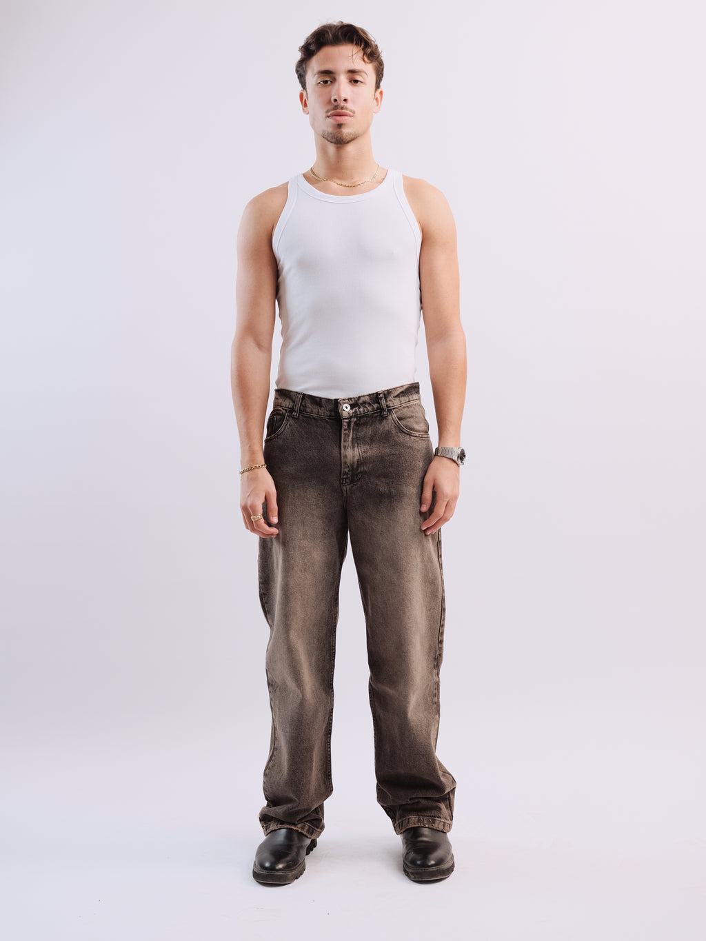 Men Stained Brown Denim