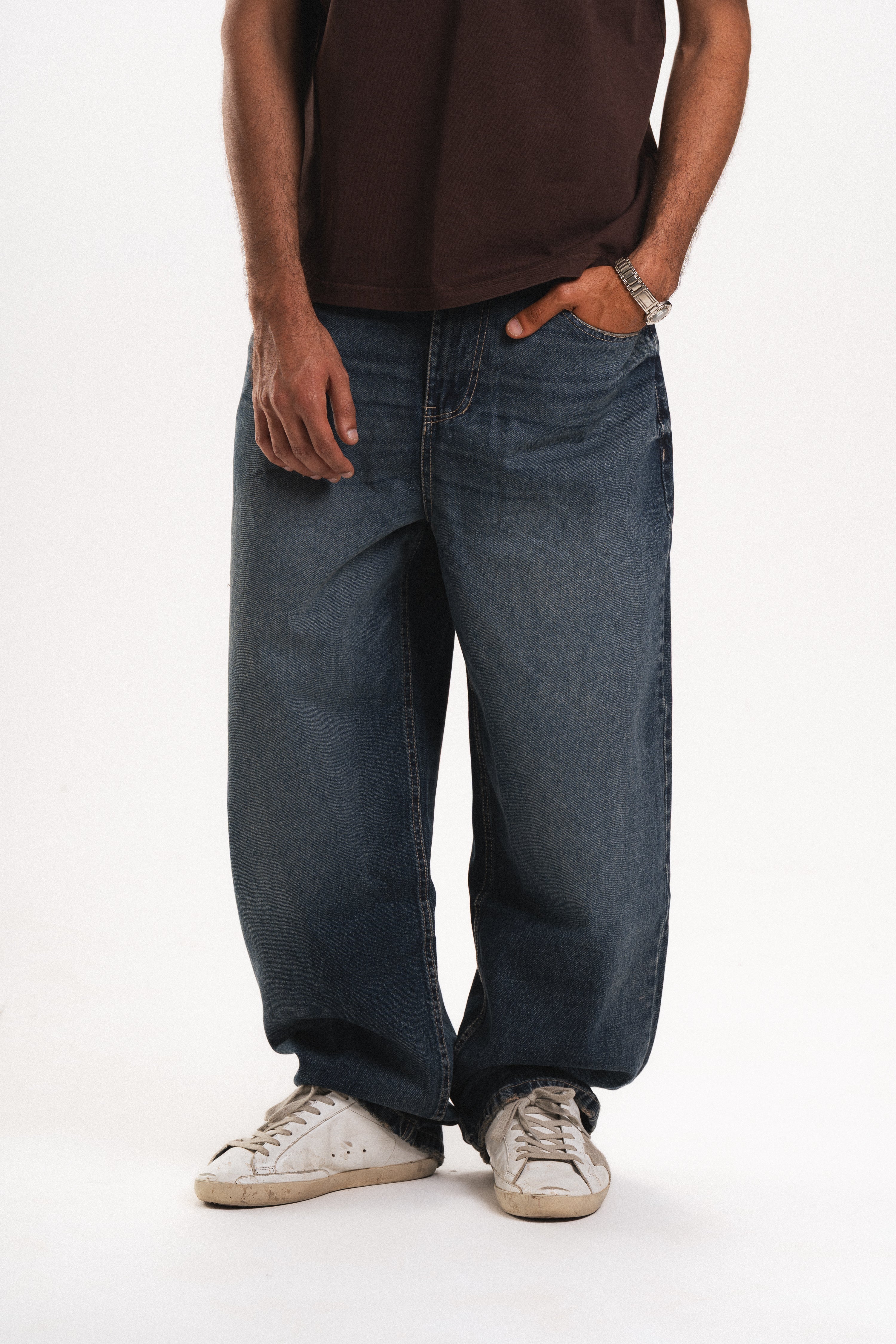 Men Baggy Jeans - Dark Blue Faded Wash