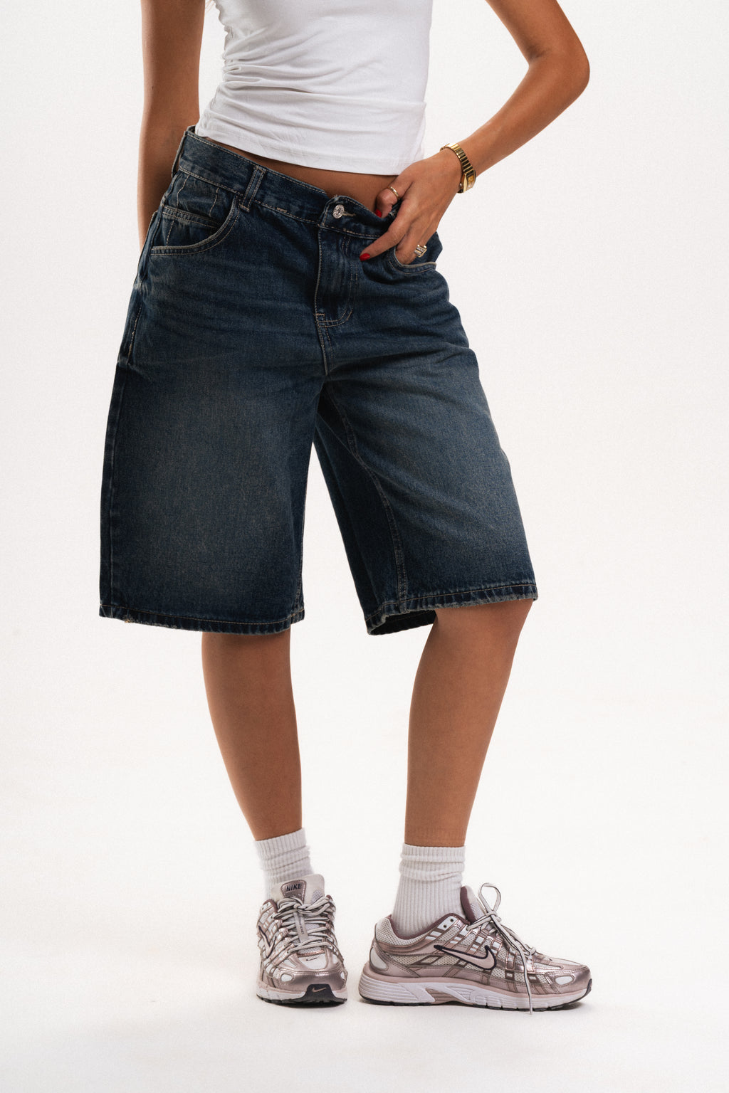 Low Waist Denim Jorts in Dark Indigo Wash