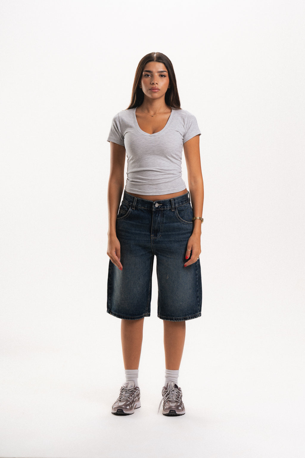 Low Waist Denim Jorts in Dark Indigo Wash