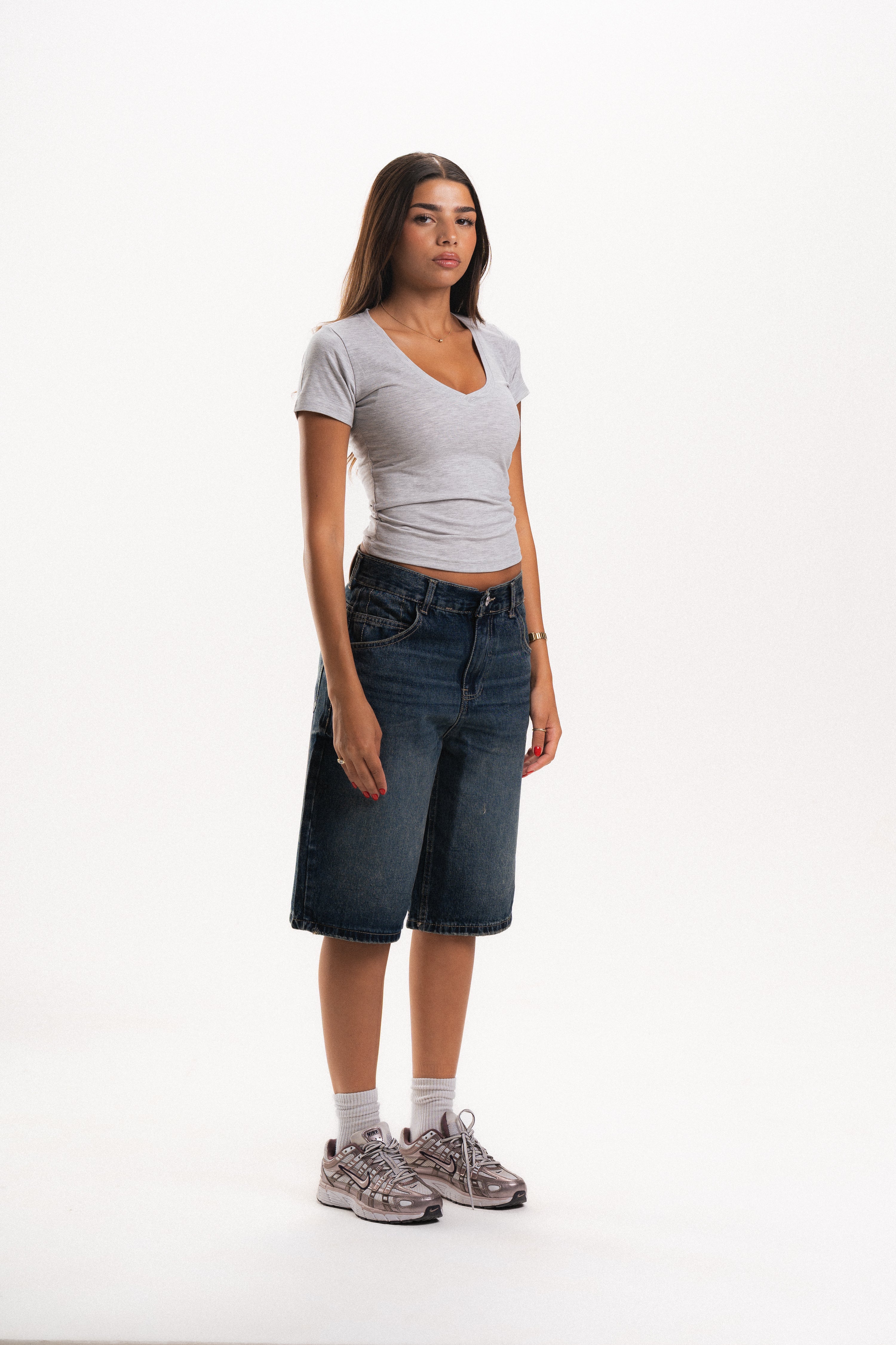 Low Waist Denim Jorts in Dark Indigo Wash