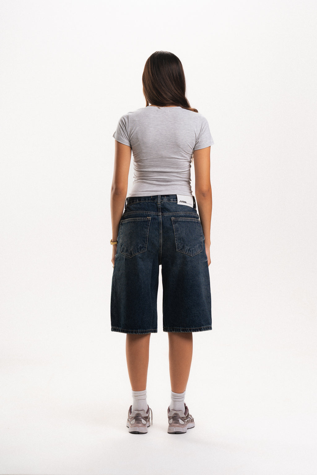 Low Waist Denim Jorts in Dark Indigo Wash