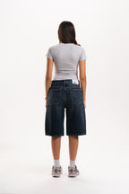 Low Waist Denim Jorts in Dark Indigo Wash