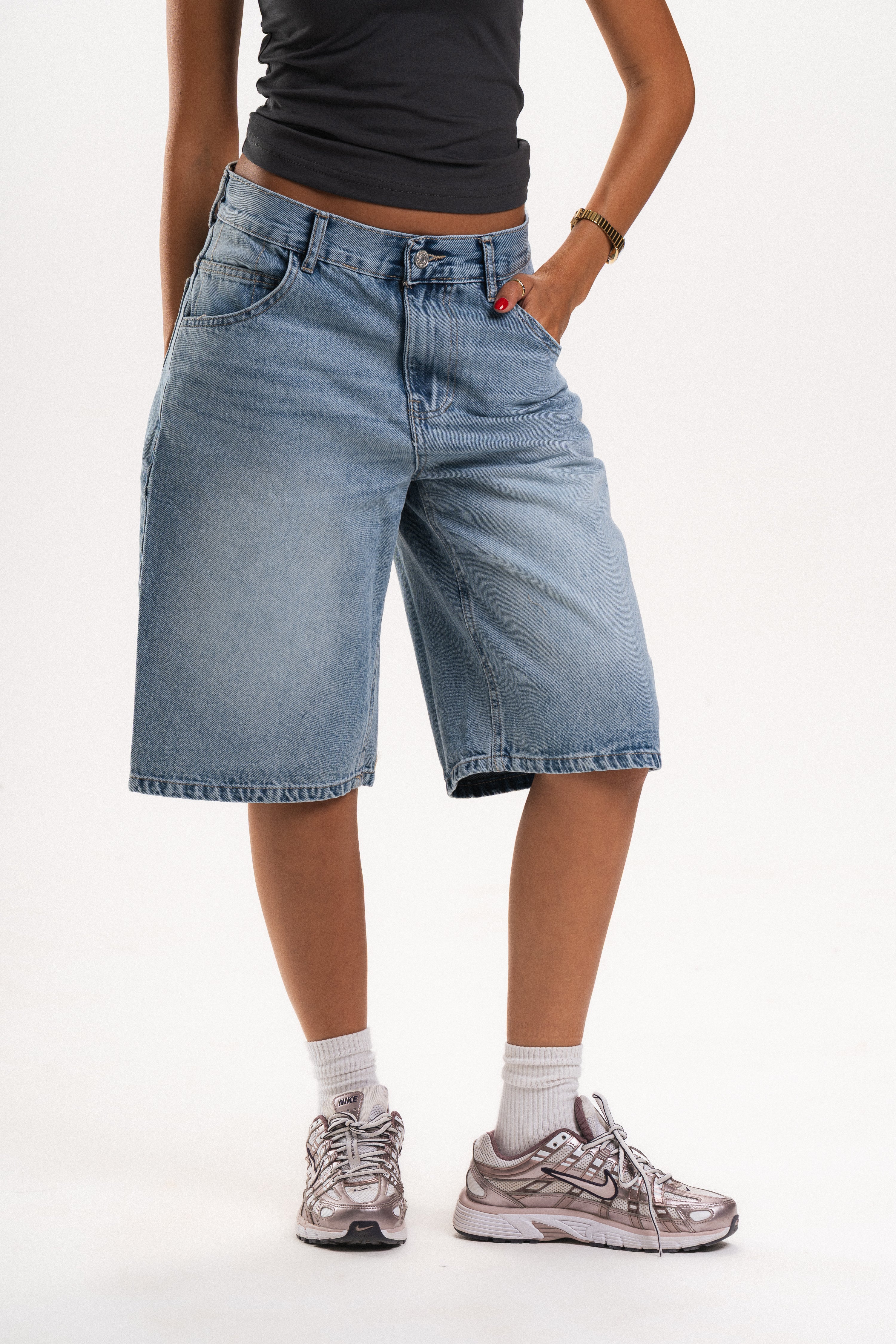 Low Waist Denim Jorts in Light Blue