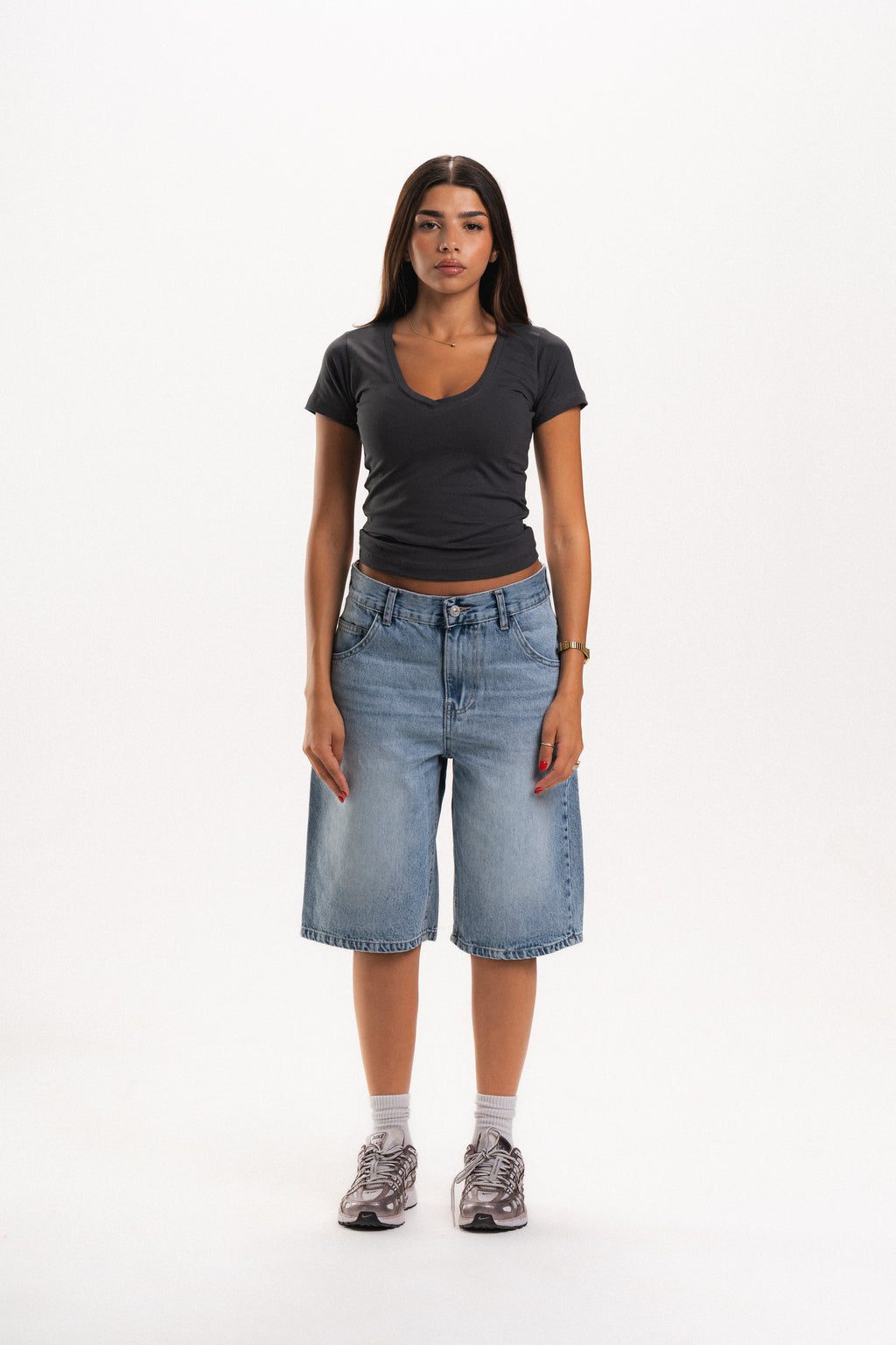 Low Waist Denim Jorts in Light Blue