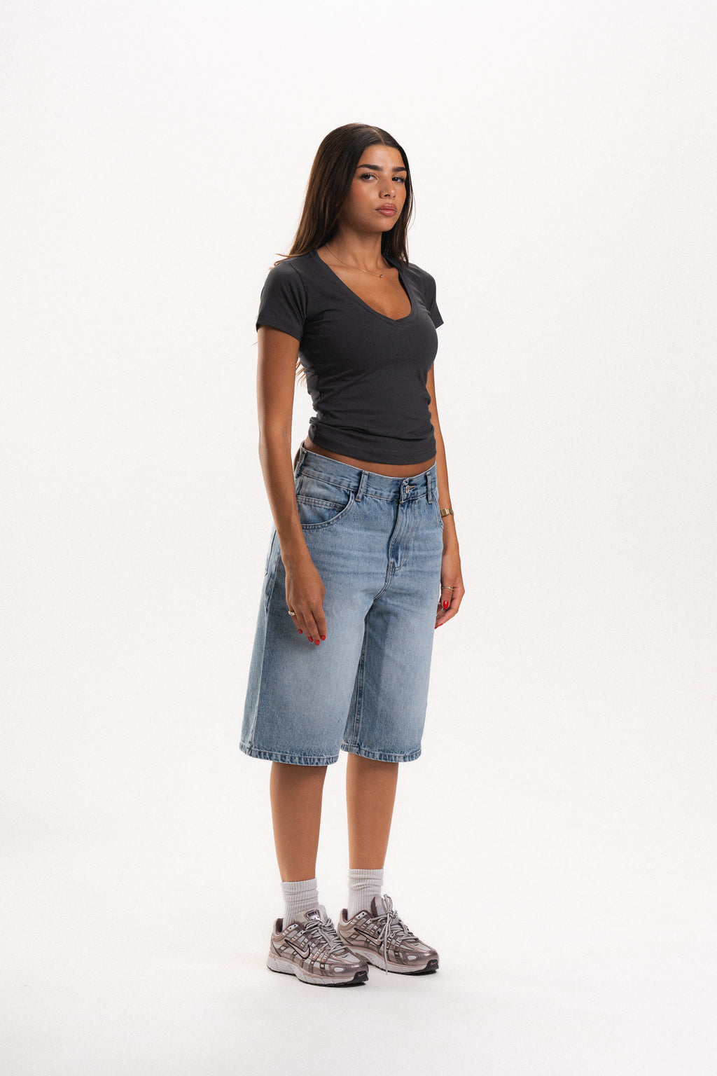 Low Waist Denim Jorts in Light Blue