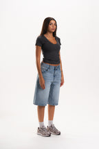 Low Waist Denim Jorts in Light Blue